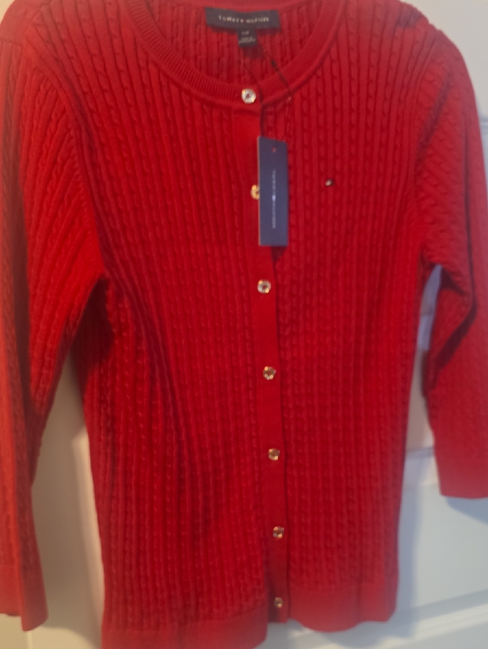 Tommy Hilfiger Bright Red Cable Knit Button-Up Cardigan Small NWT